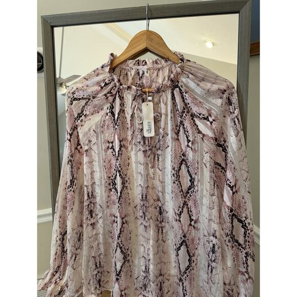 Glam Snake Print Blouse Large Pink Beige Long Sleeve Boho Top - Picture 3 of 6